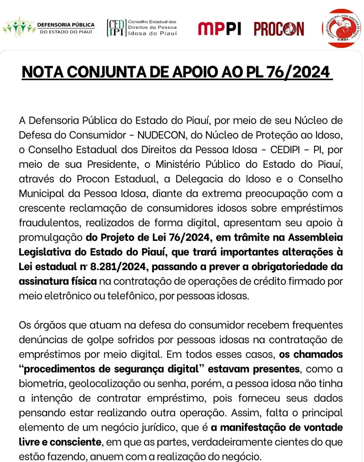 Nota conjunta em apoio ao Projeto de Lei