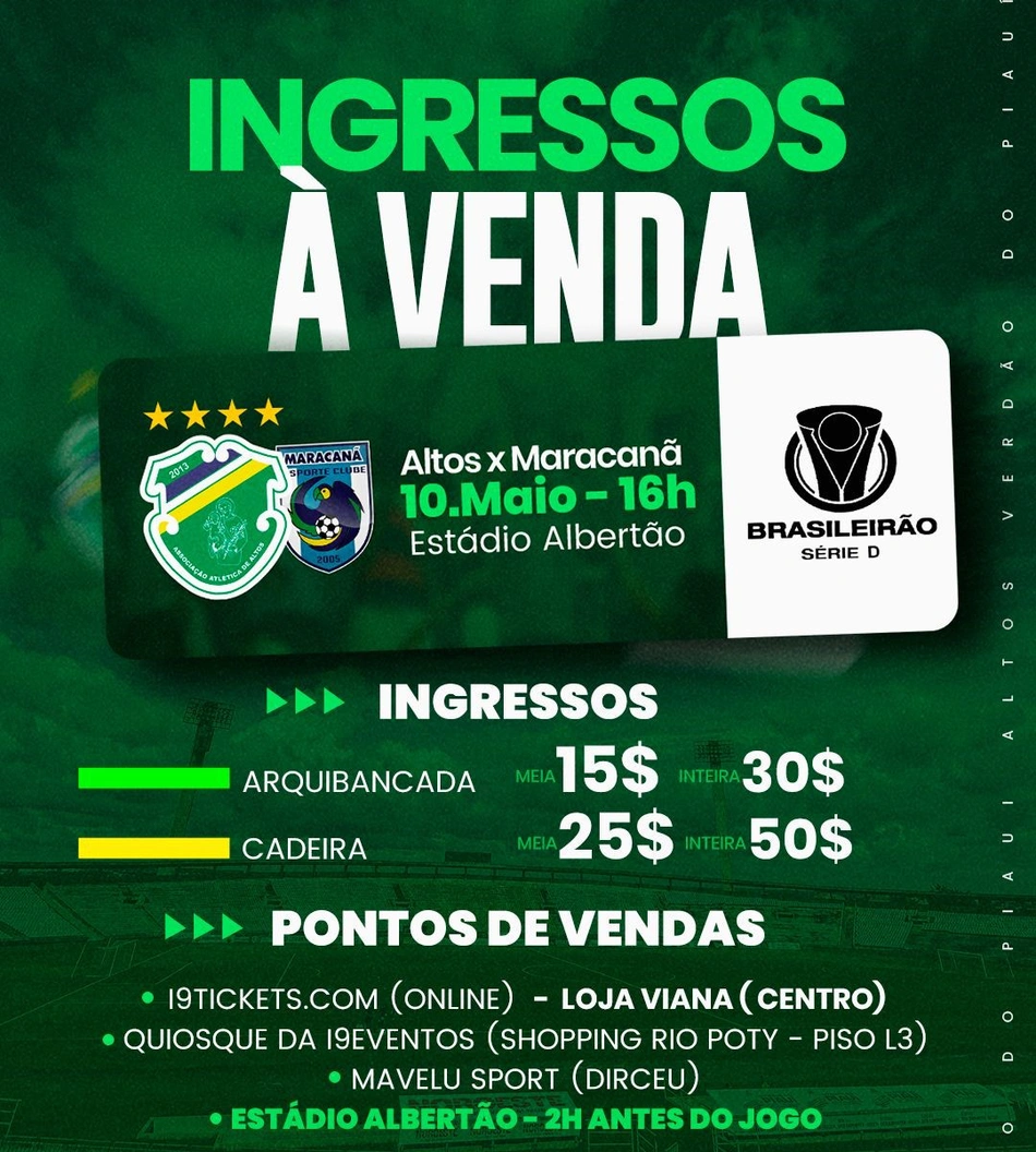 Valores e pontos de vendas dos ingressos para o jogo entre Altos e Maracanã na Série D