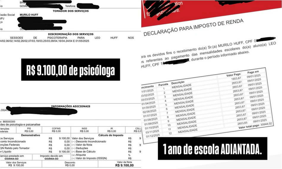 Comprovantes de despesas divulgados por Murilo Huff